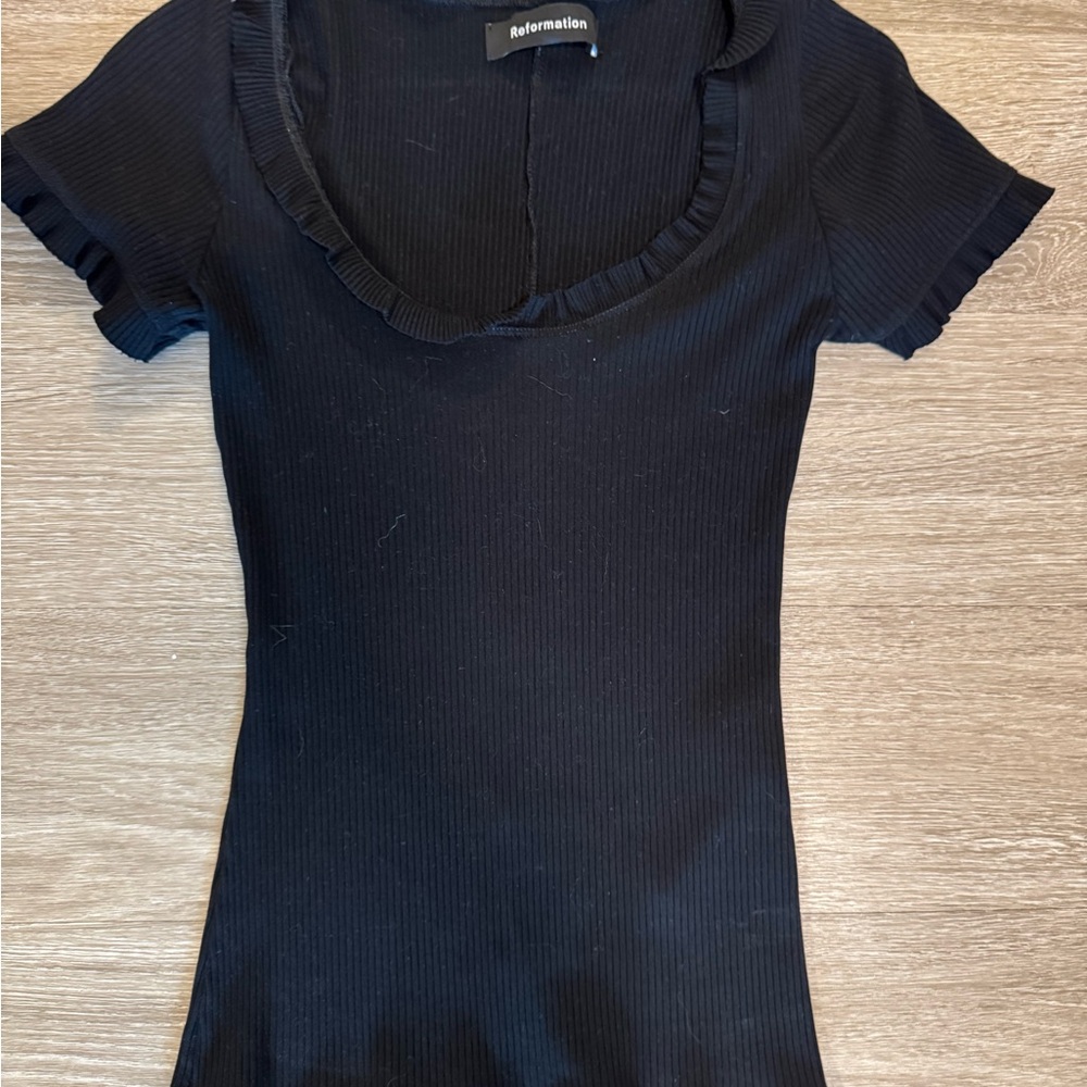 Reformation Black Fitted Ribbed Ruffled Blouse